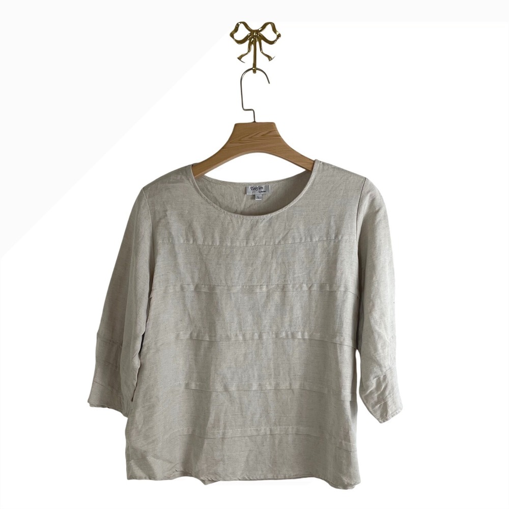 Toofan Linen Beige 100% Linen 3/4 Sleeve Pleated Front Blouse Top Large